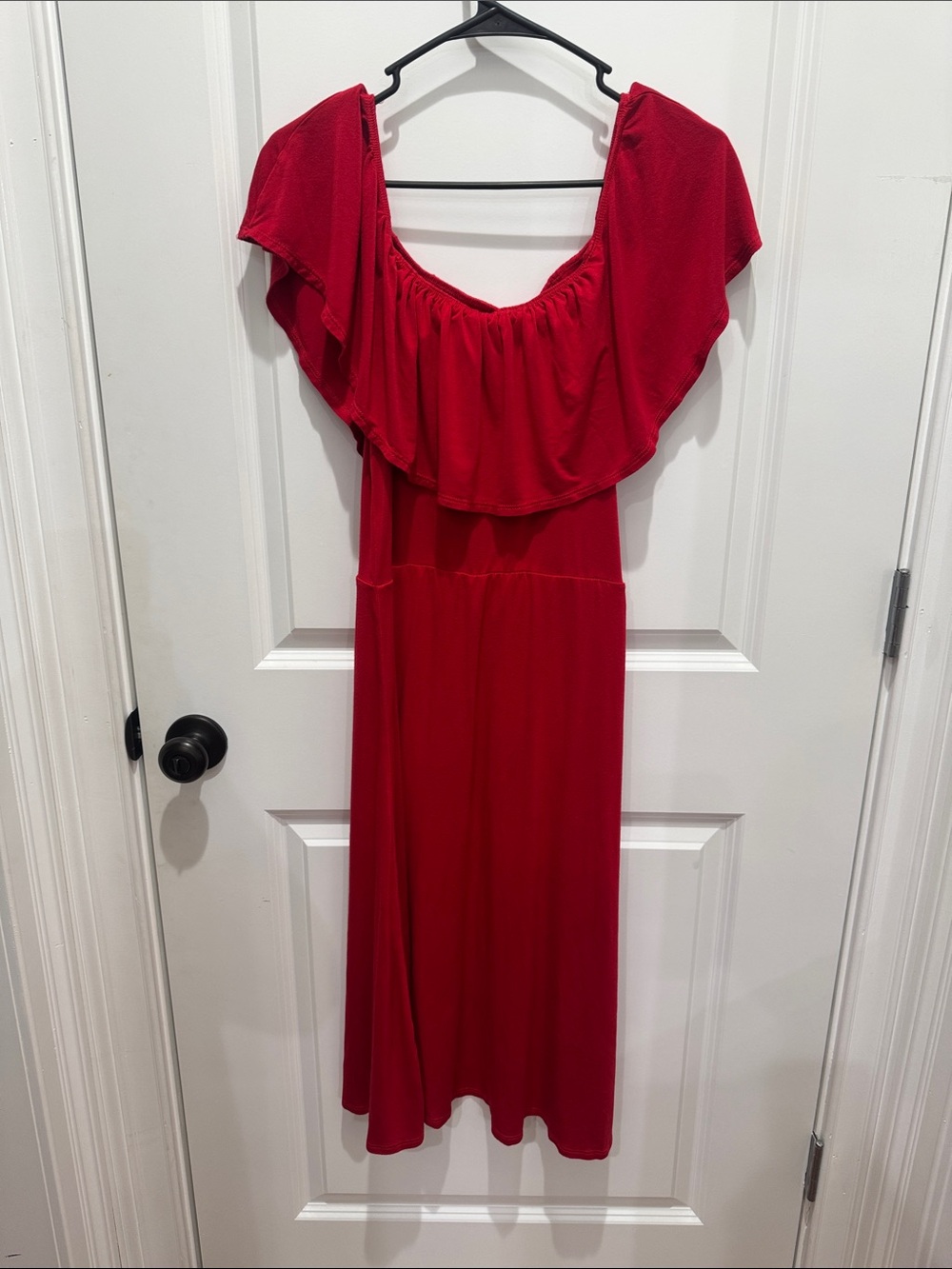 Heart & Hips Red Off-Shoulder Ruffle Midi Dress